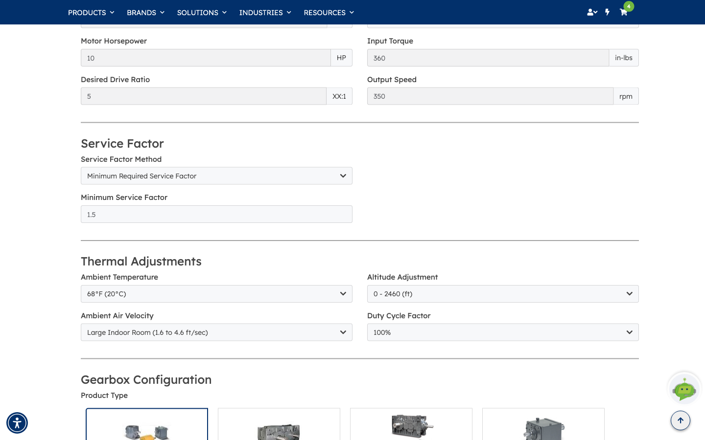 The criteria entered, showing Motor Horsepower 10 and Desired Drive Ratio 5 with Input Torque and Output Speed calculated automatically, alongside the Service Factor and Thermal Adjustments sections