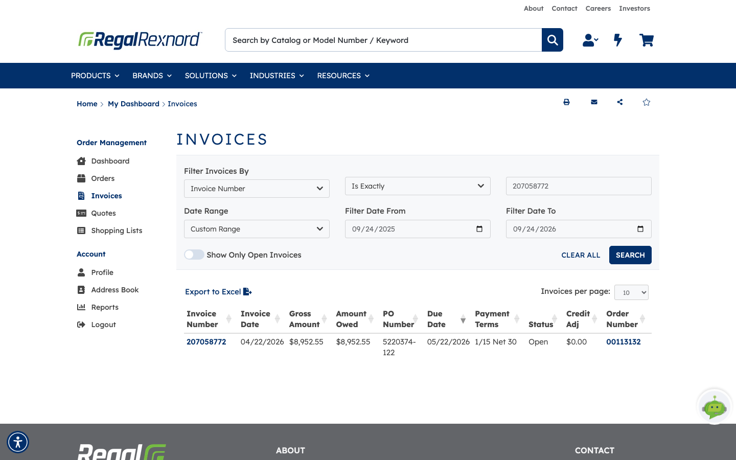 The Invoices page filtered by invoice number, with the filter set to Invoice Number Is Exactly and the value entered, and a single matching invoice in the results