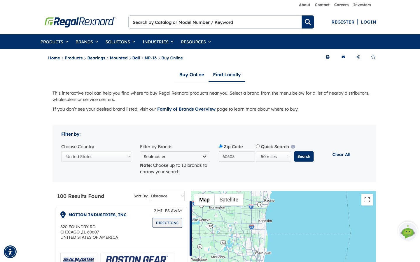 Find Locally tab showing the country, brand, ZIP code and radius filters above the distributor results list and map