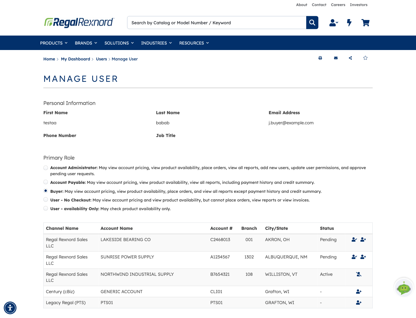 Manage User page with two pending accounts