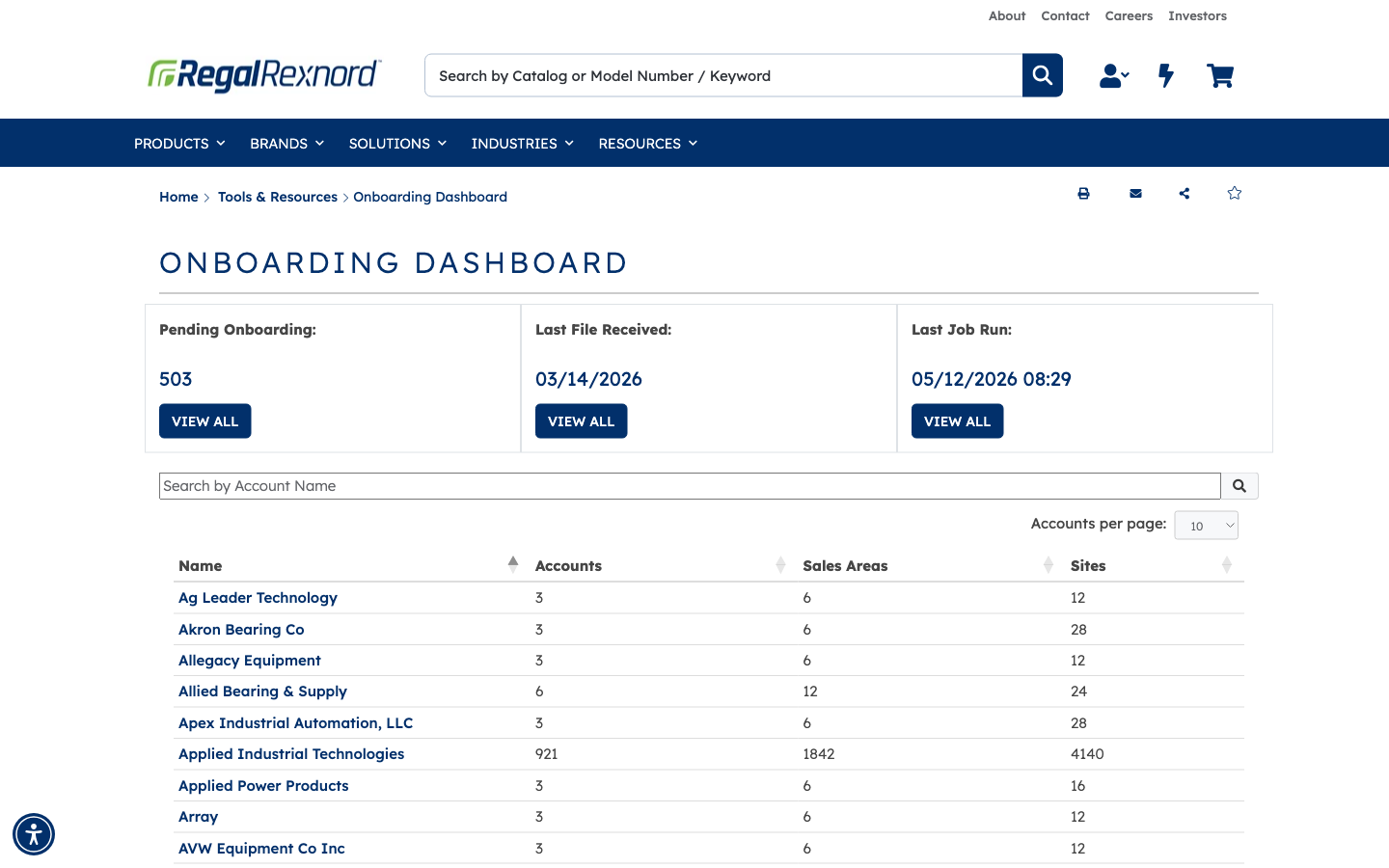 Onboarding dashboard summary tiles and account table