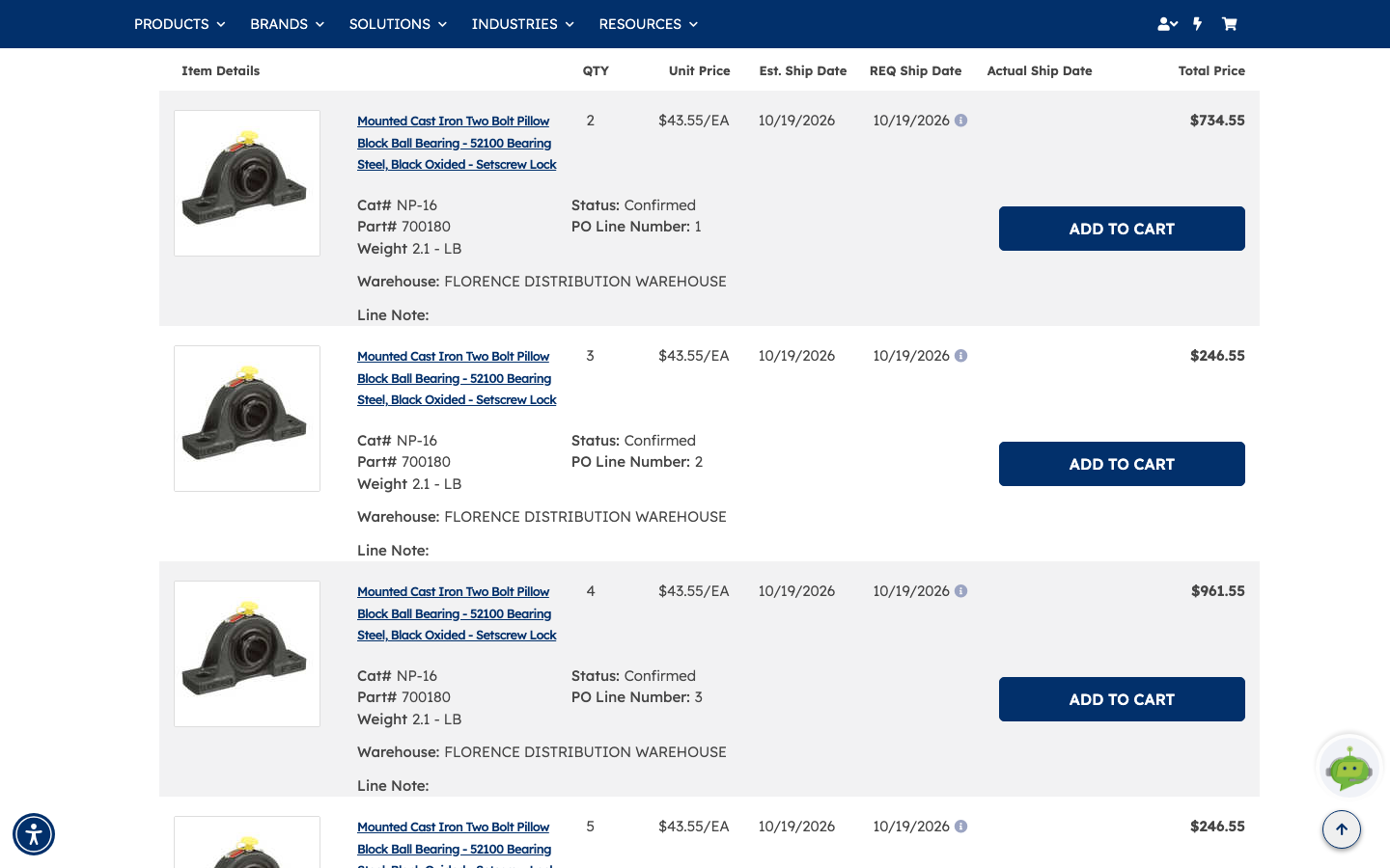Order line items, each showing the product, catalogue and part numbers, quantity, unit price, ship dates, warehouse and line total, with an ADD TO CART button per line
