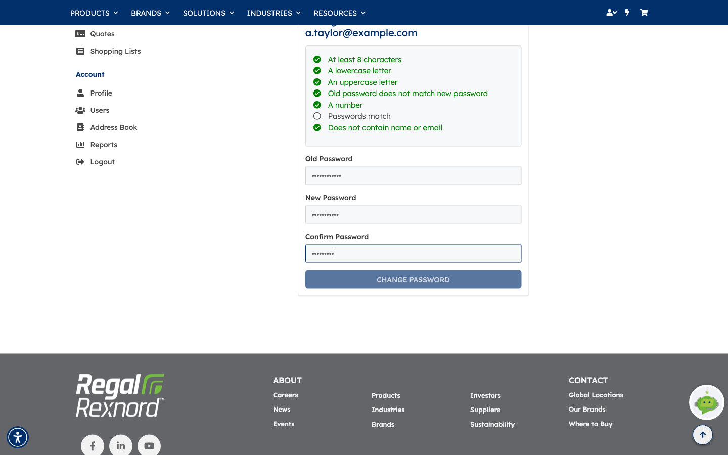 The form with the confirmation field not matching the new password, showing the Passwords match rule unticked and the button still disabled
