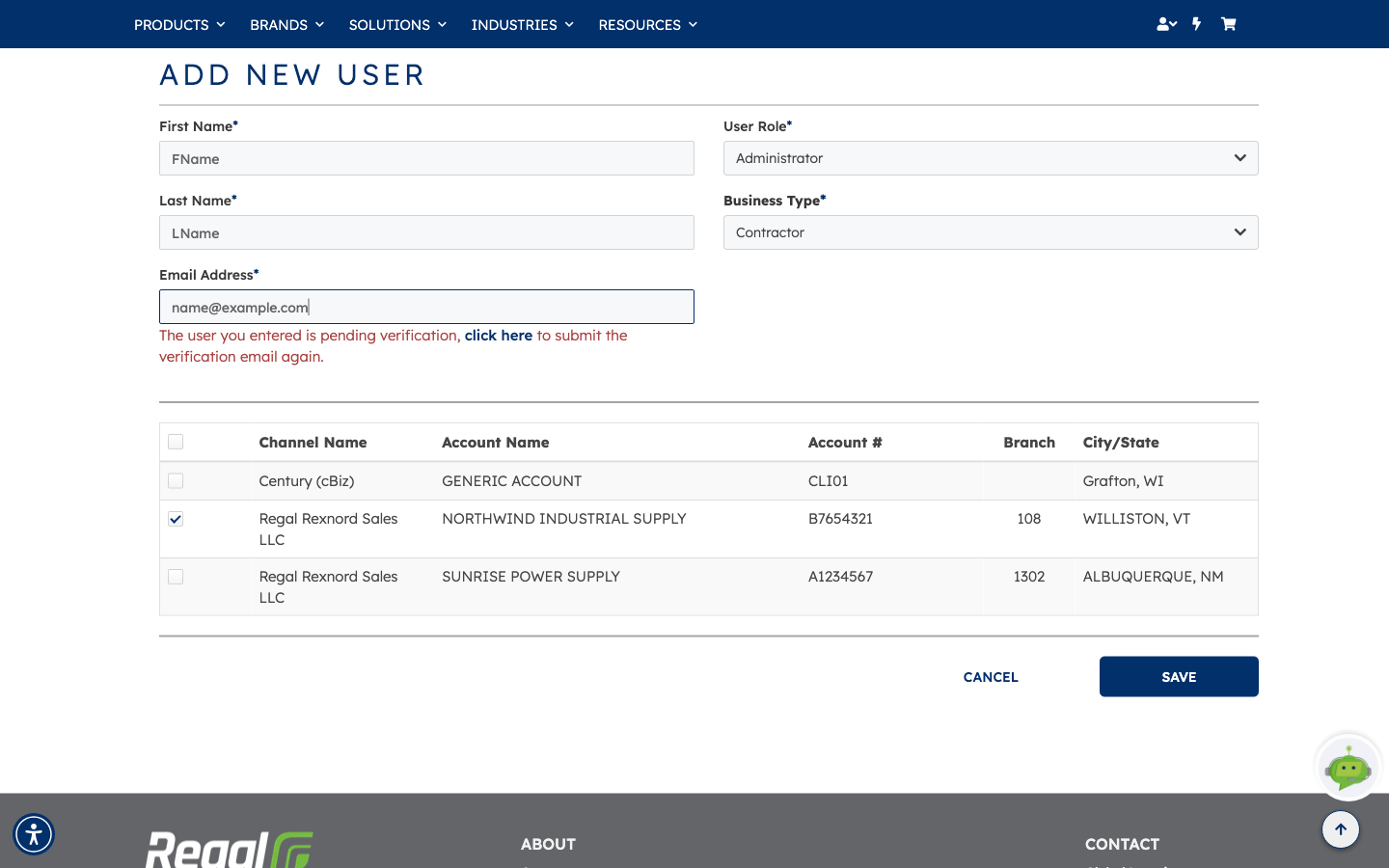 The Add New User form showing a red message that the user entered is pending verification, with a link to resend the verification email