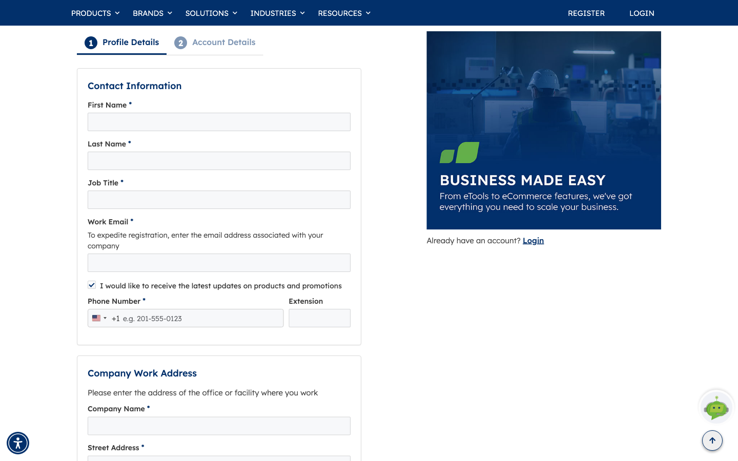 The empty Profile Details step showing the Contact Information panel with first name, last name, job title, work email and phone number fields