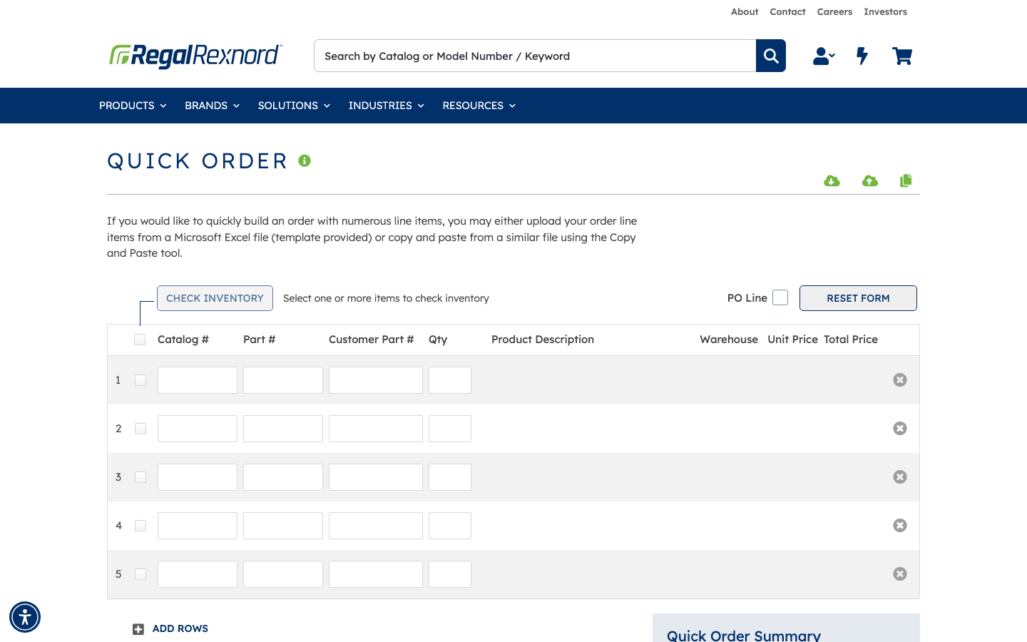 Empty Quick Order grid with five rows ready for entry