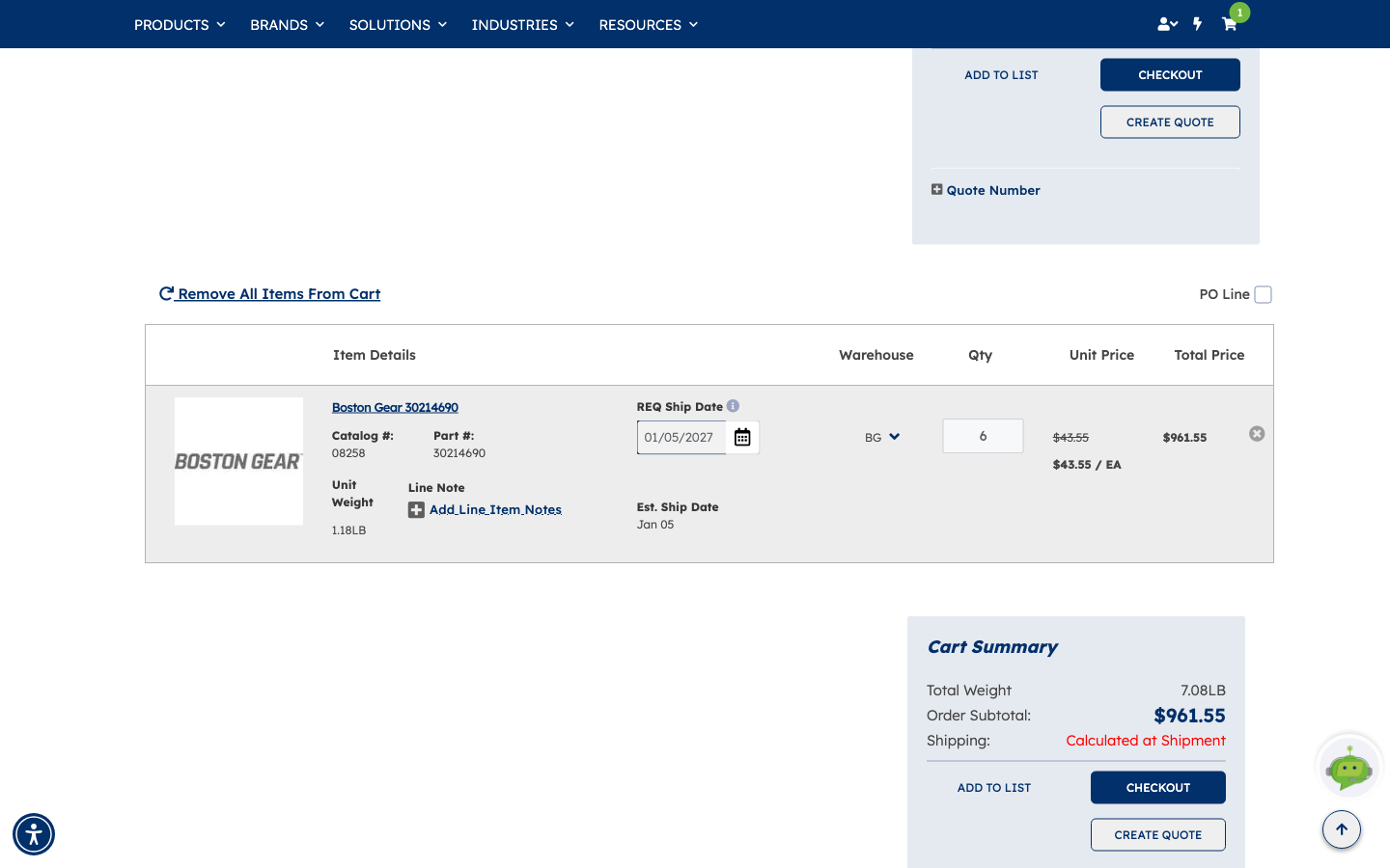 The cart after applying the quote, with the unit price shown as a struck-through standard price above the quoted price, and the Quote Number section collapsed back to a plus sign