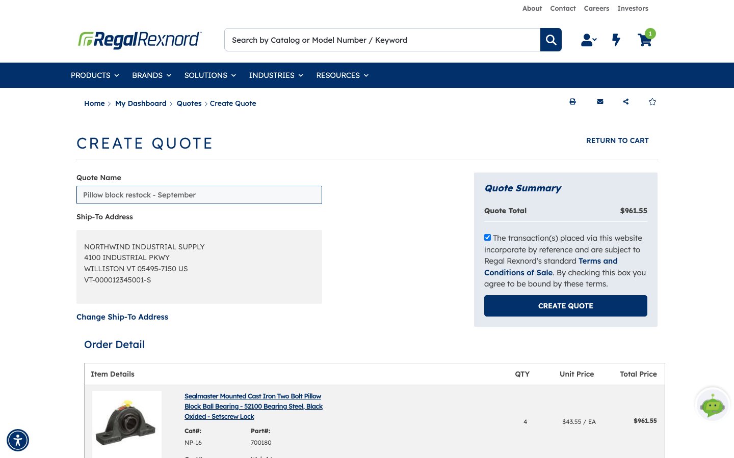 The Create Quote page with a quote name entered, the terms and conditions box ticked, and the CREATE QUOTE button now active