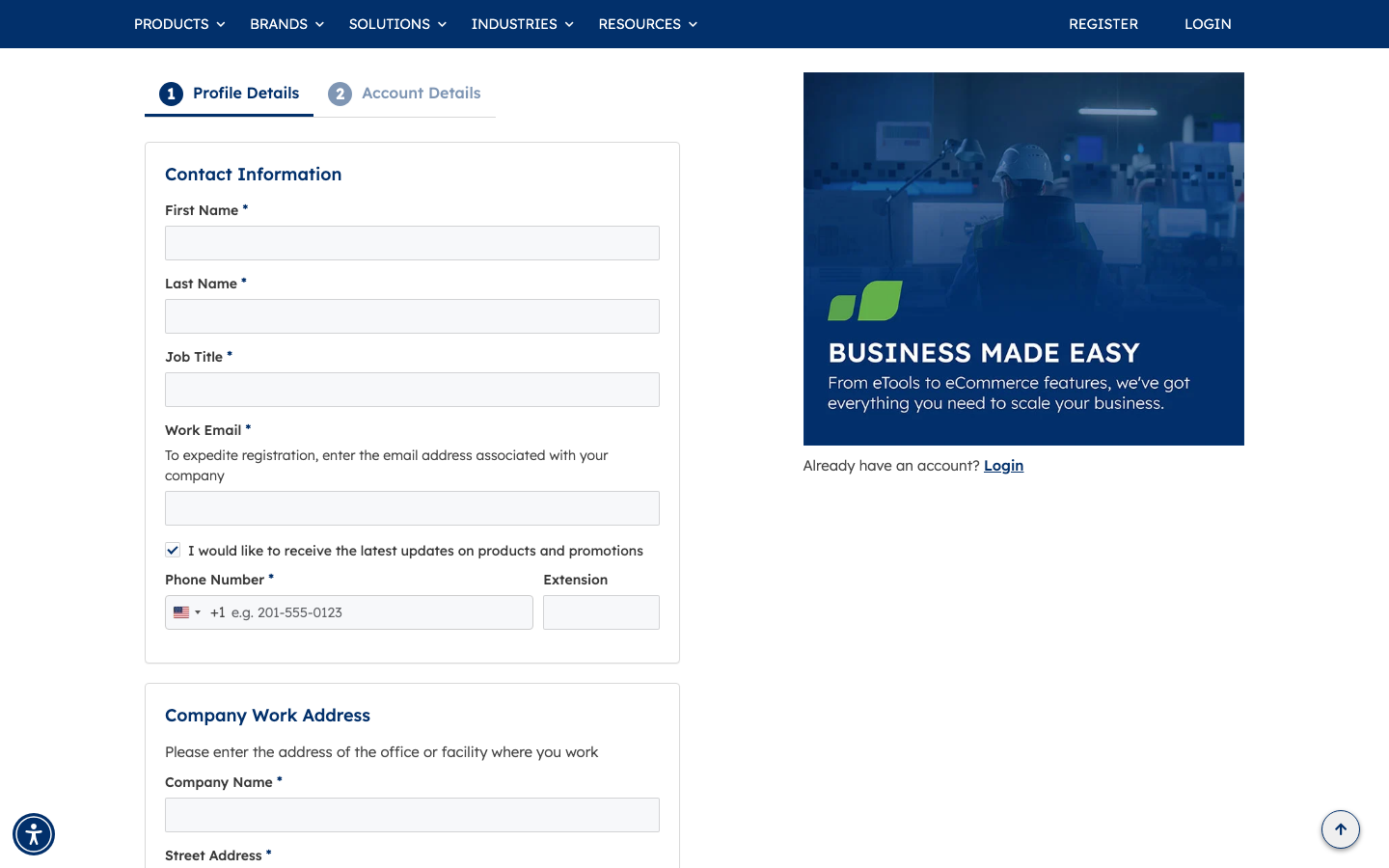 Profile details form showing contact and company fields