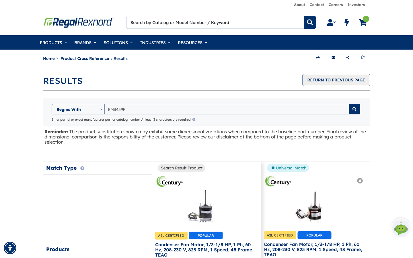 The cross reference Results page showing the searched product and its Universal Match substitute side by side, with the reminder about dimensional variation above