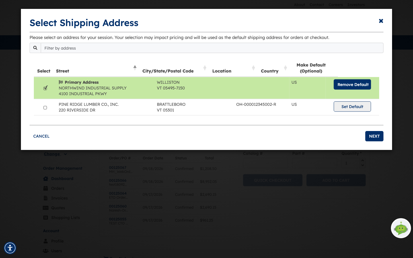 The Select Shipping Address window with the flagged Primary Address selected and a second address listed, showing street, city/state/postal code, location and country columns