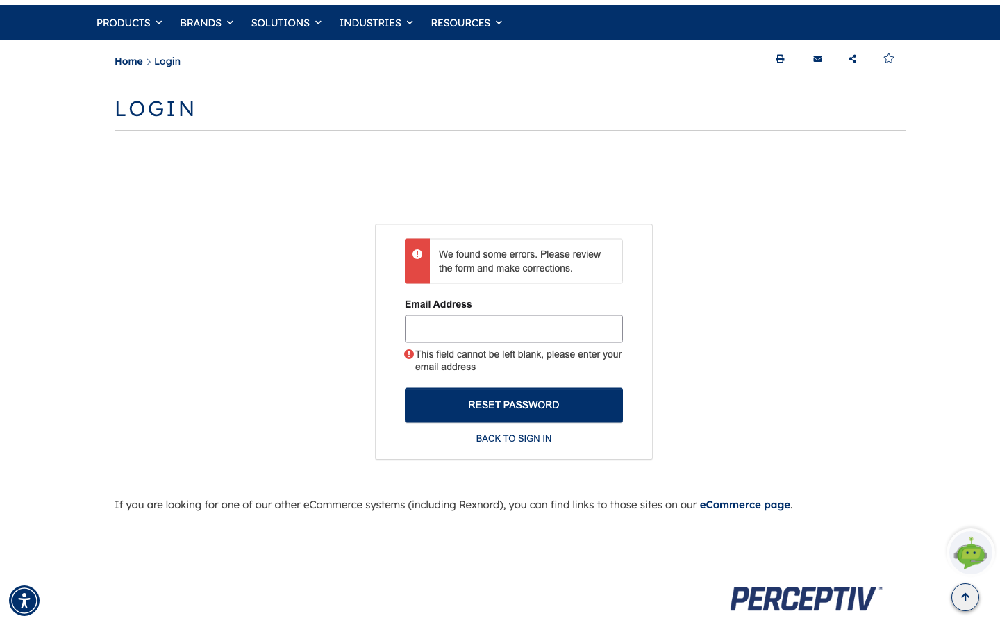 The reset panel showing an error banner and a field-level message stating the email address cannot be left blank
