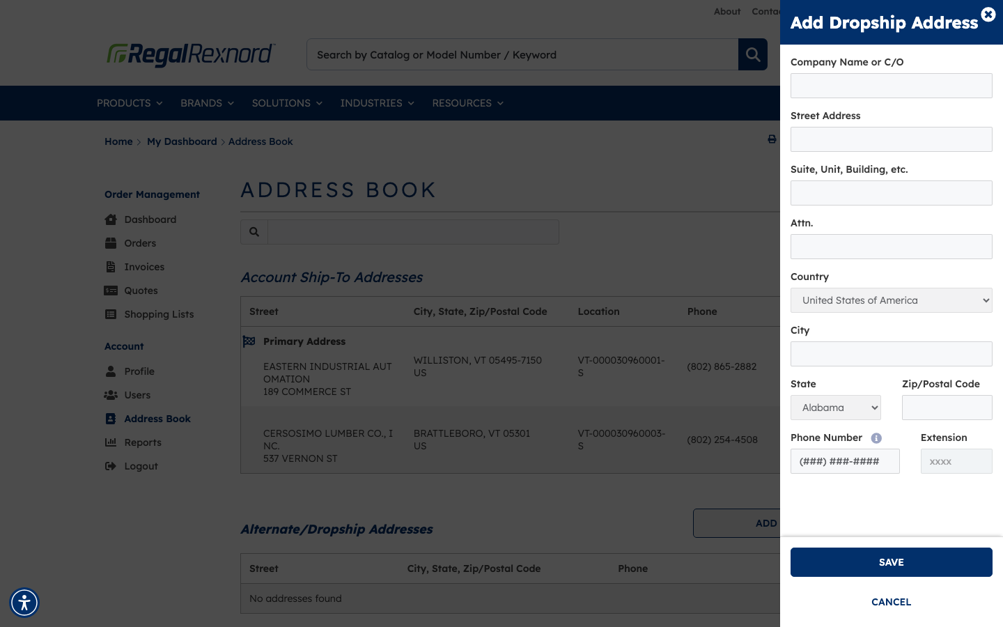 The Add Dropship Address panel with blank fields