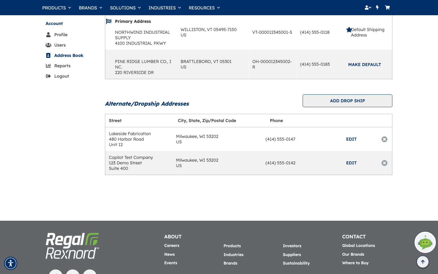 The Address Book page with the newly added drop-ship address listed alongside an existing one, each with EDIT and delete actions