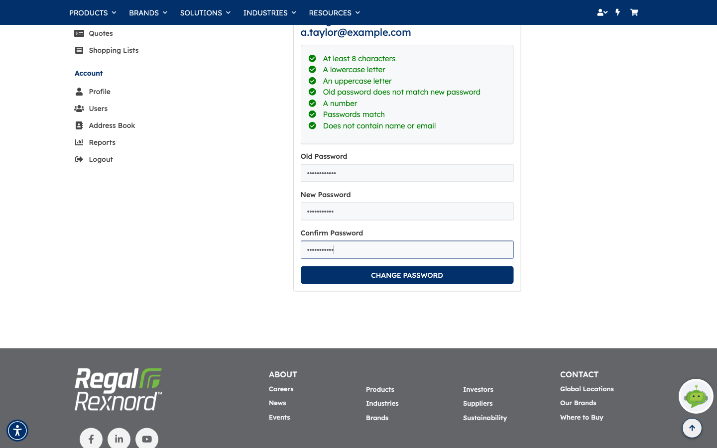 The form with all seven policy rules ticked green and the CHANGE PASSWORD button enabled