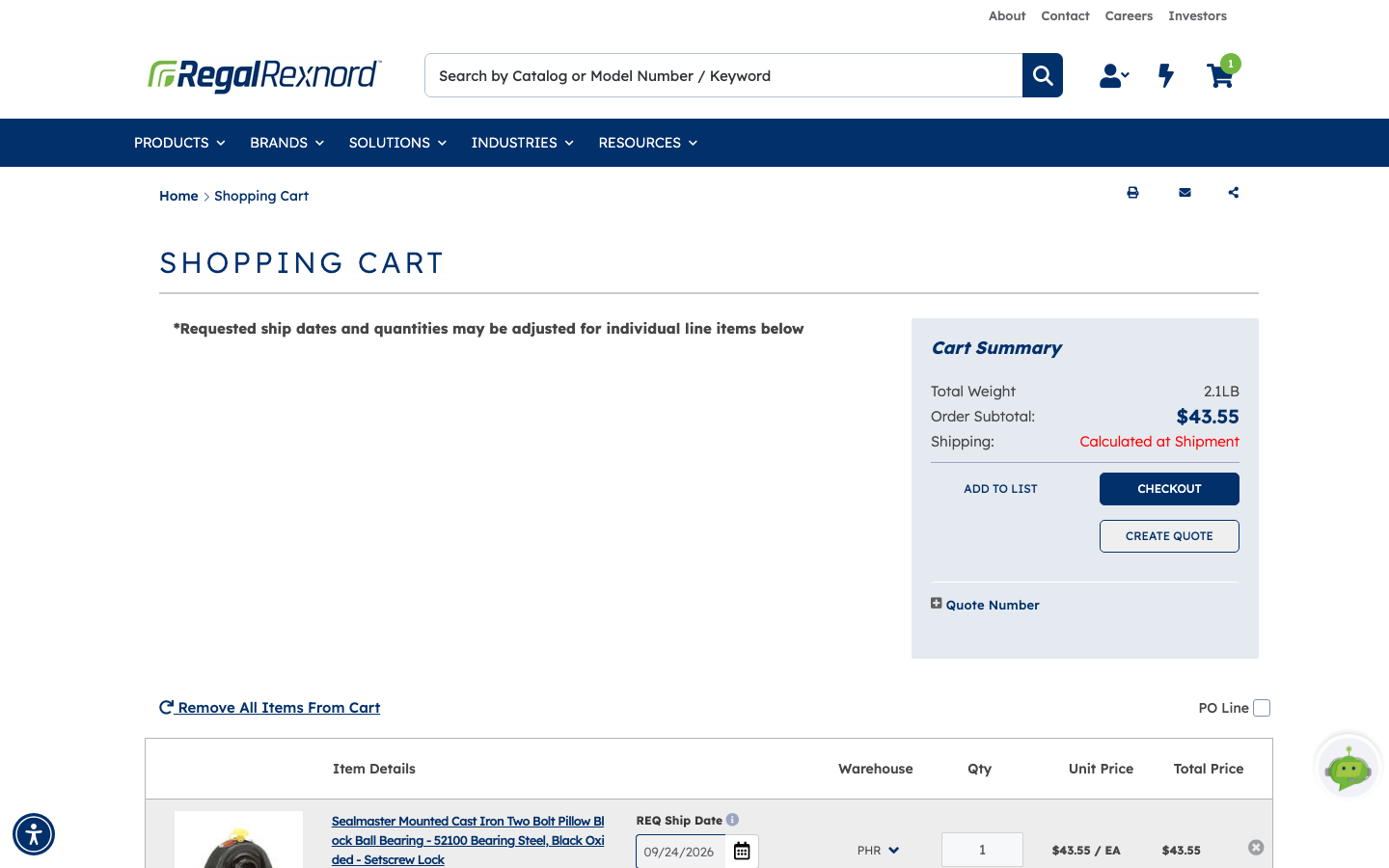 The Shopping Cart page with one line showing quantity, warehouse, requested ship date and pricing, and the Cart Summary panel with CHECKOUT and CREATE QUOTE buttons