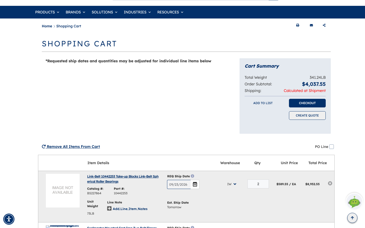 The Shopping Cart page with the Cart Summary panel showing total weight, order subtotal and shipping, alongside CHECKOUT, ADD TO LIST and CREATE QUOTE actions