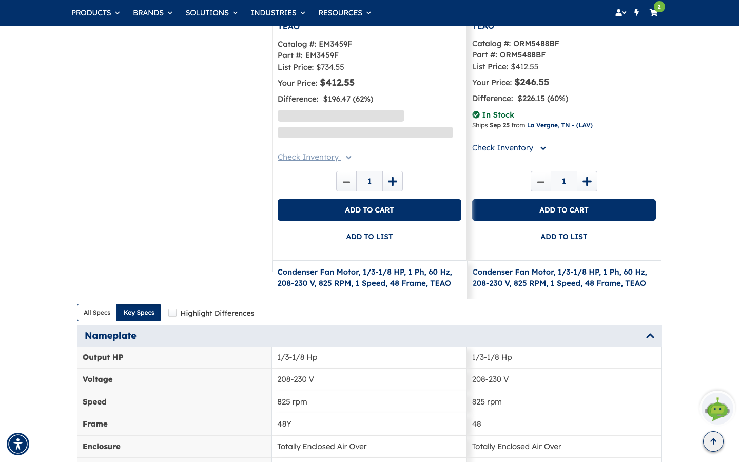The comparison detail showing catalog and part numbers, list price, your price and difference for each product, stock and ship-from warehouse, and the start of the side-by-side specification table with All Specs, Key Specs and Highlight Differences controls