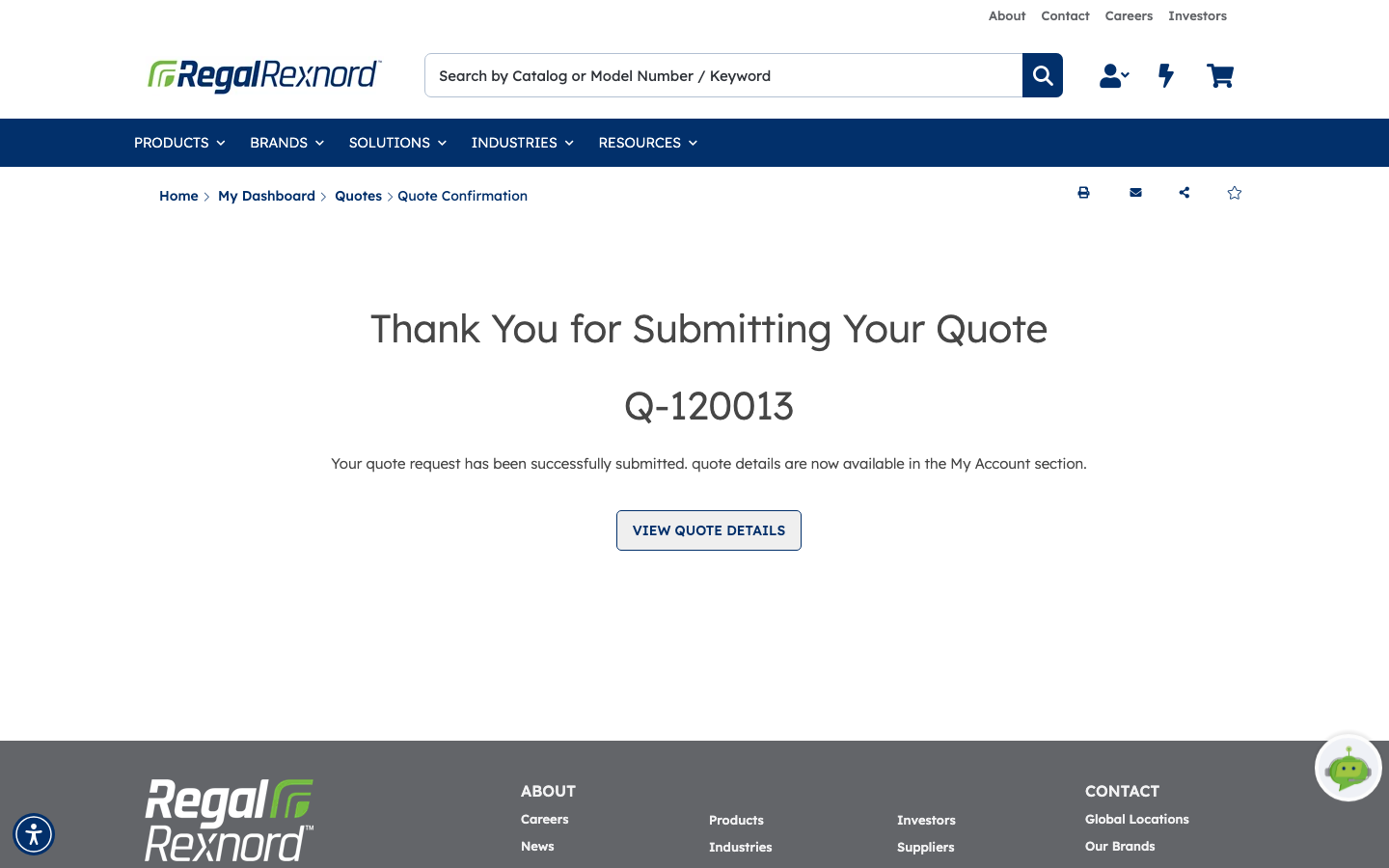 The Quote Confirmation page reading Thank You for Submitting Your Quote above the quote number, with a VIEW QUOTE DETAILS button