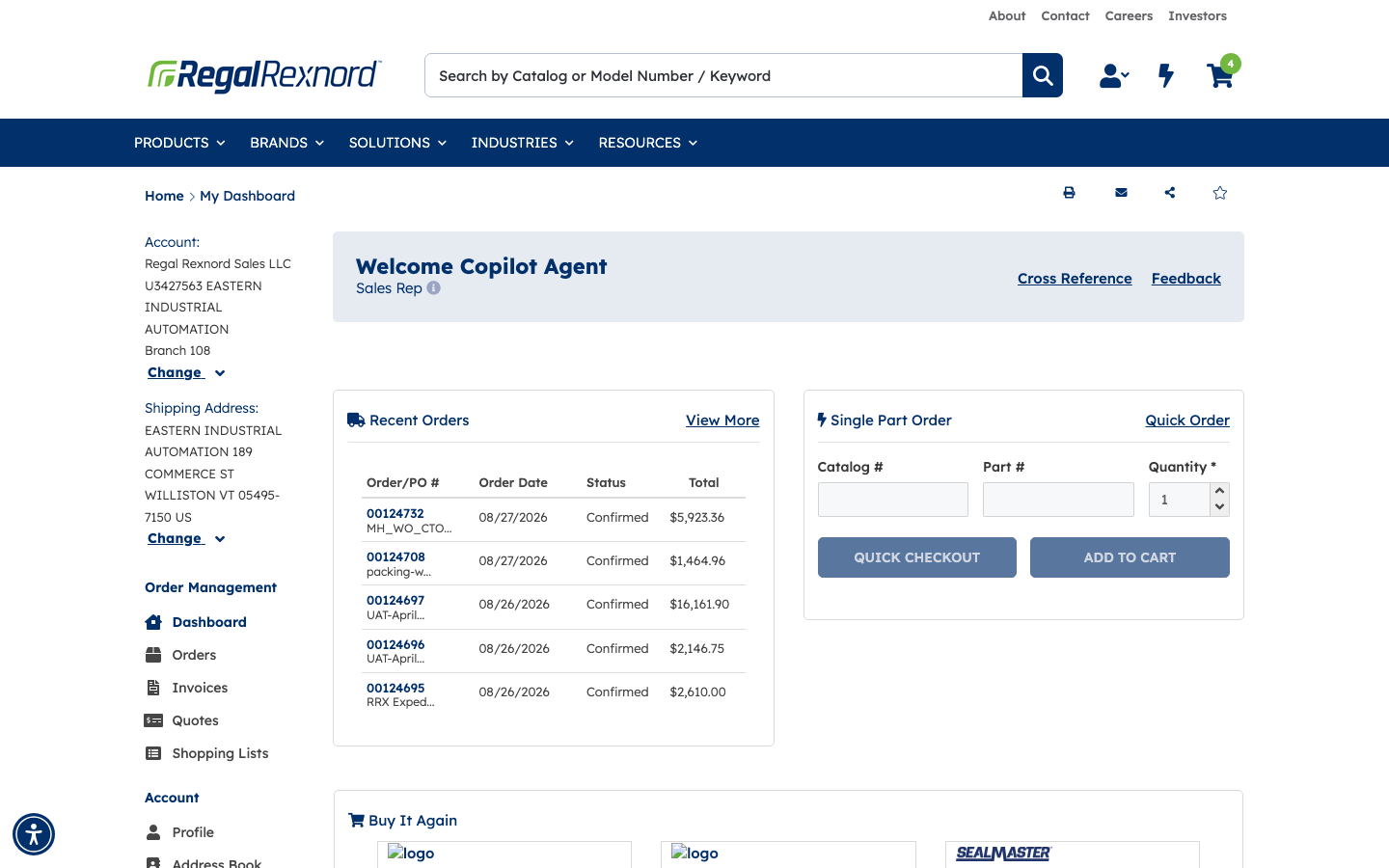 Account Management dashboard for account U3427563 showing Welcome Copilot Agent