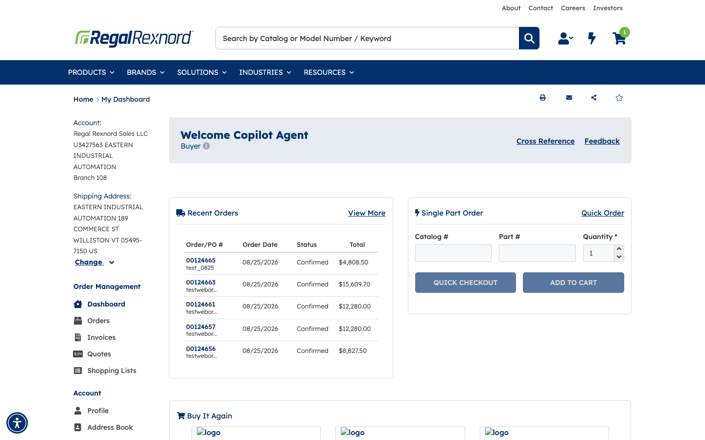 Account dashboard showing Welcome Copilot Agent