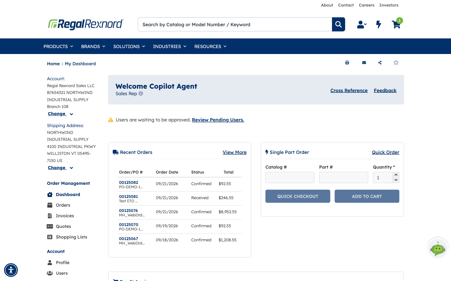 My Dashboard showing the Welcome header, the Account and Shipping Address context in the left column with Change links, Recent Orders, and a Single Part Order panel