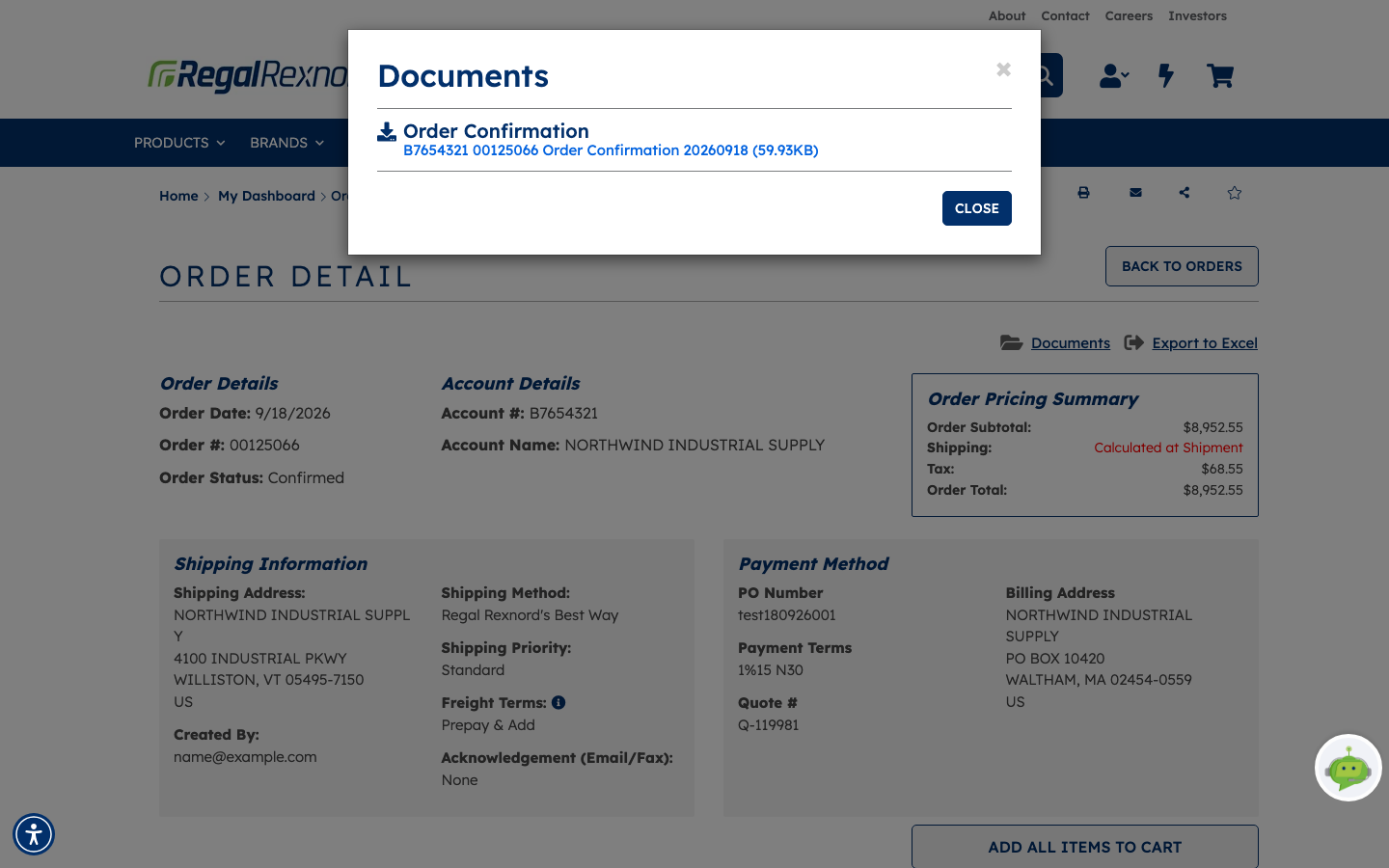 The Documents window listing an order confirmation for the order, with its reference, date and file size, and a CLOSE button
