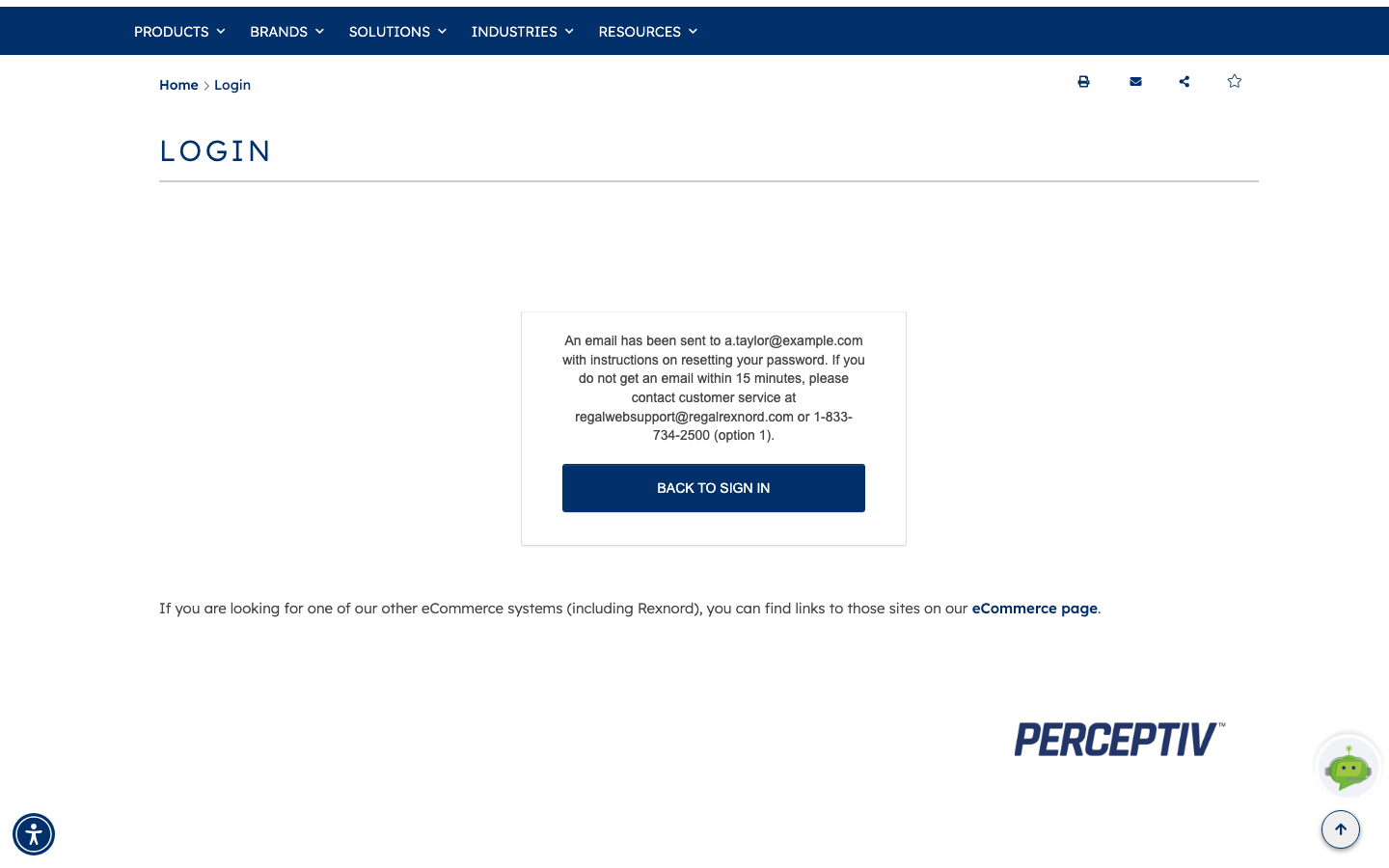 The confirmation panel stating an email has been sent with reset instructions, with customer service contact details and a BACK TO SIGN IN button