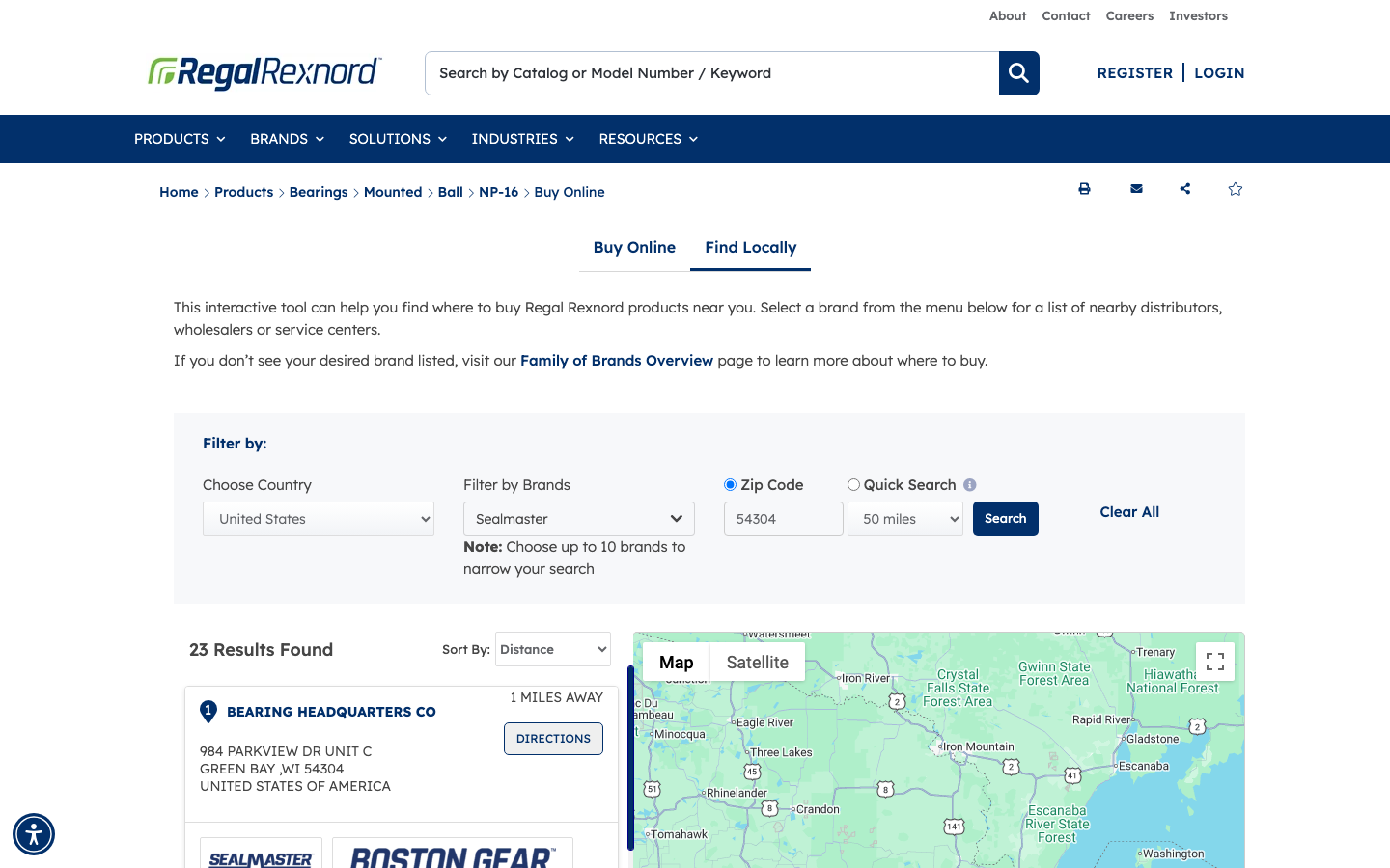 Find Locally tab showing a distributor map and list of results near ZIP code 54304
