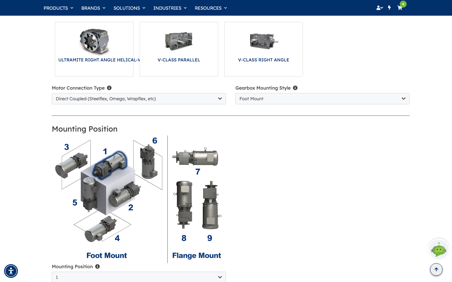 The Gearbox Configuration section with Product Type tiles, Motor Connection Type set to Direct Coupled, Gearbox Mounting Style set to Foot Mount, and the numbered Mounting Position diagram