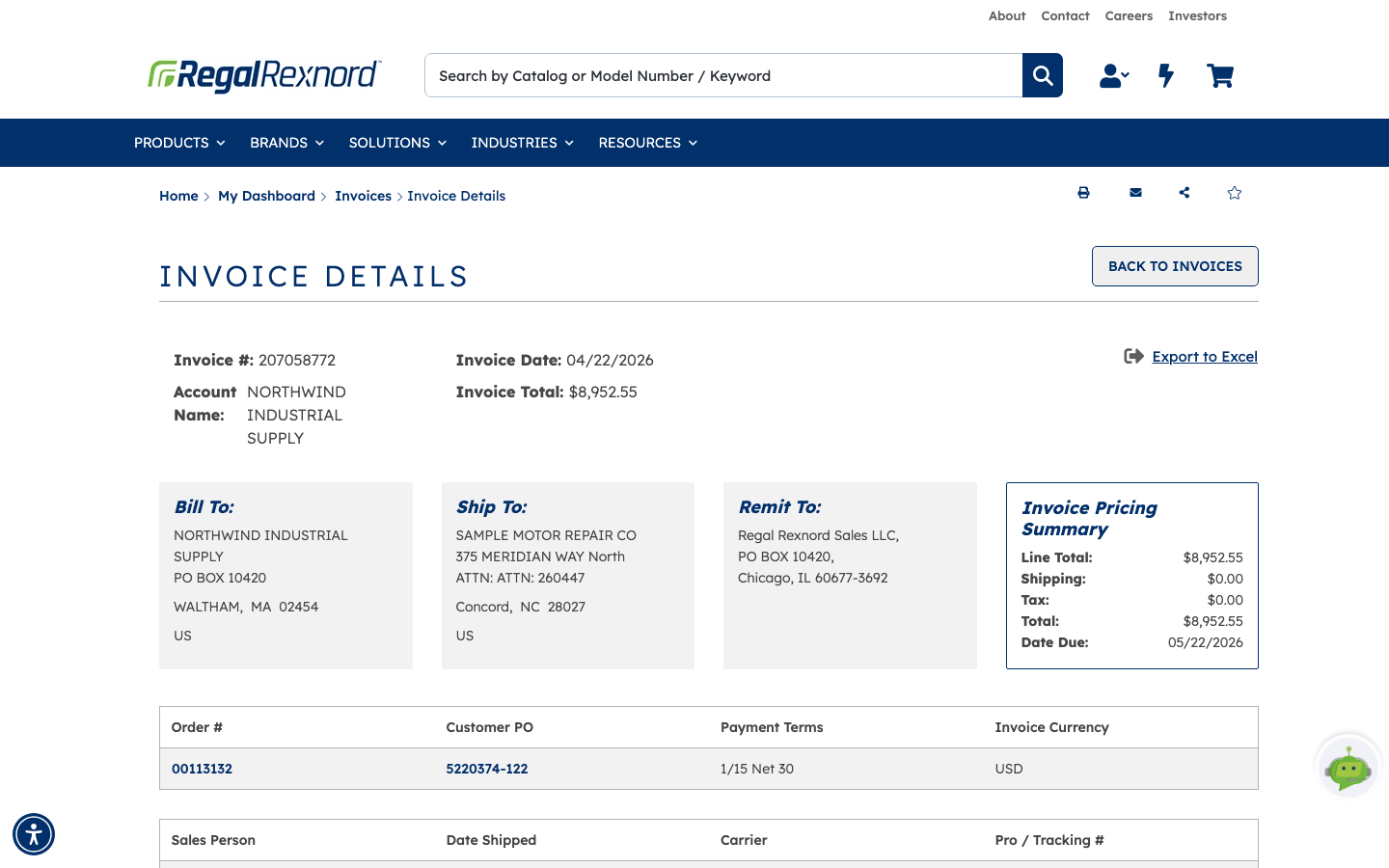 The Invoice Details page showing the invoice number, date, account and total across the top, with Bill To, Ship To, Remit To and the Invoice Pricing Summary below