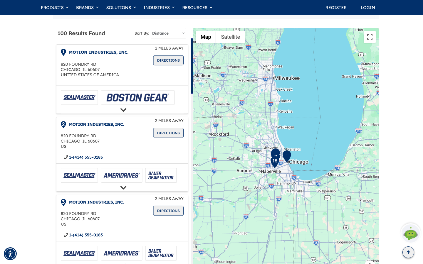Distributor results near the searched ZIP code, each showing address, phone and brands carried, with numbered pins on the map alongside