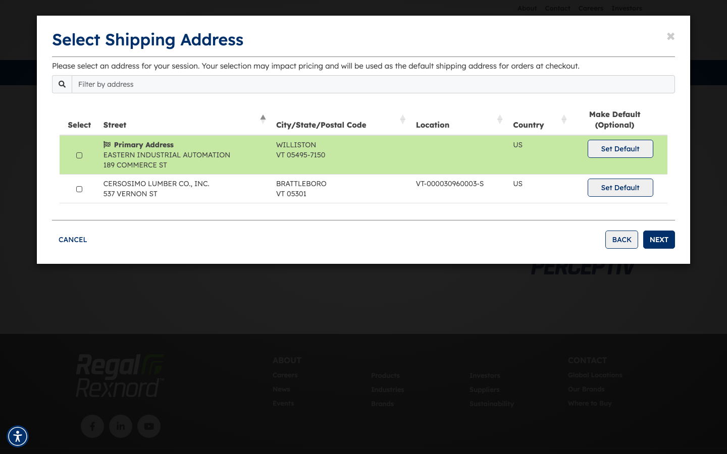 Primary Address row selected and highlighted in the account selector