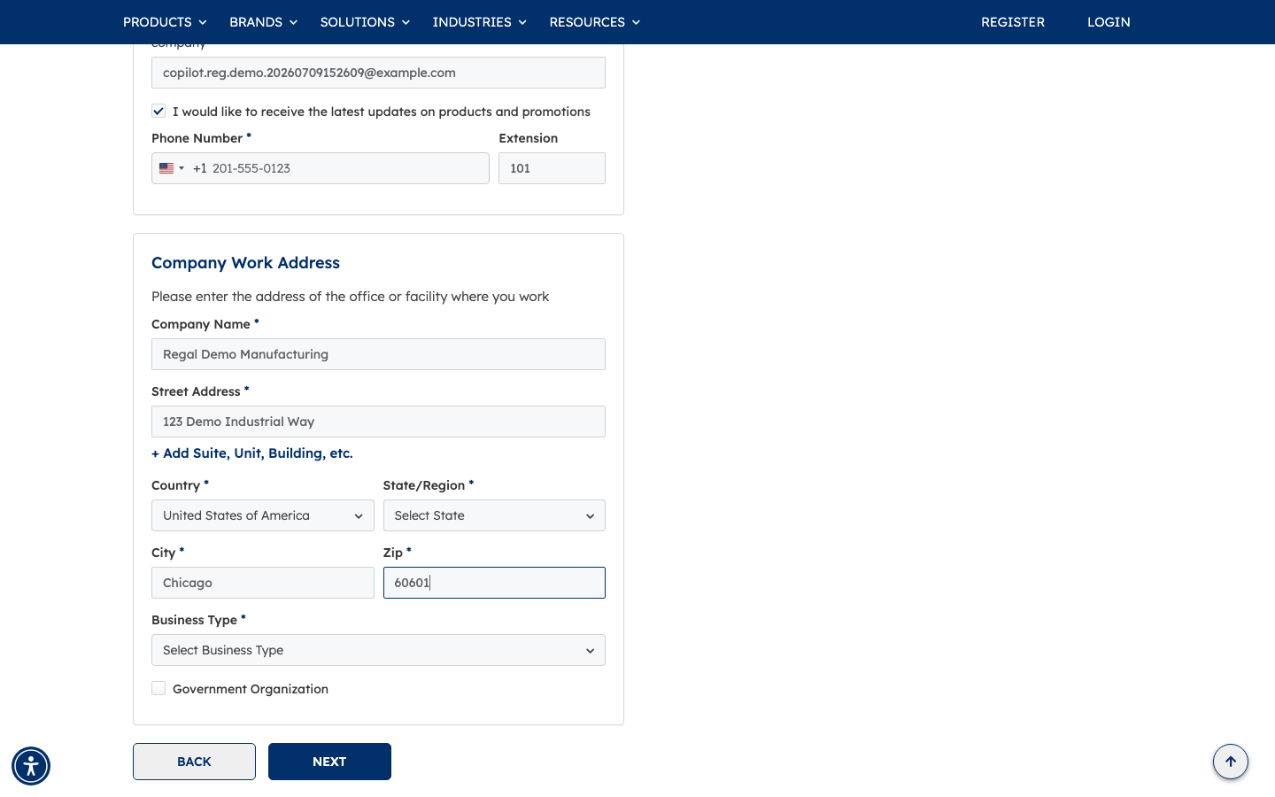 Profile and company work address fields filled in