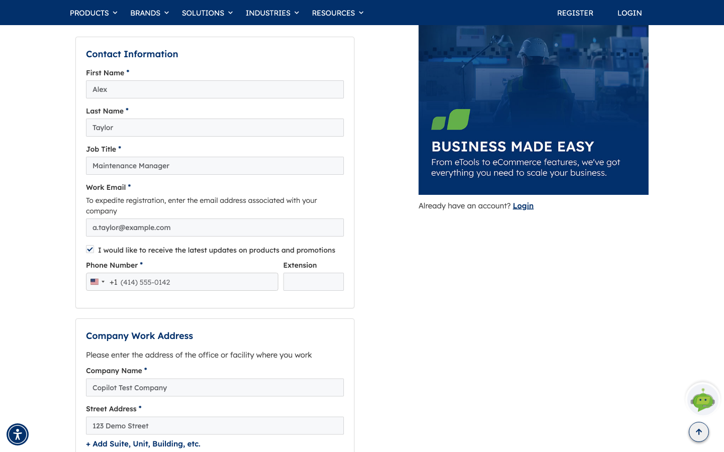 The Contact Information panel completed with a name, job title, work email address and phone number