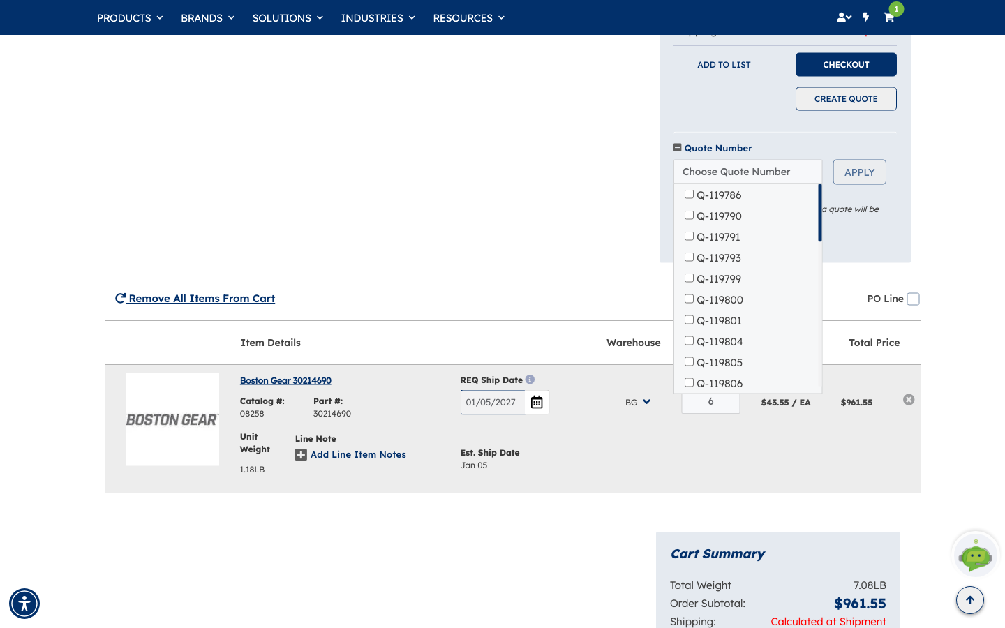The Quote Number section expanded with the Choose Quote Number list open, showing quote numbers each with an empty tick box and a greyed-out APPLY button