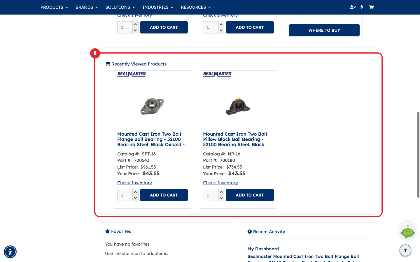 The Recently Viewed Products panel outlined as 8, showing two bearings