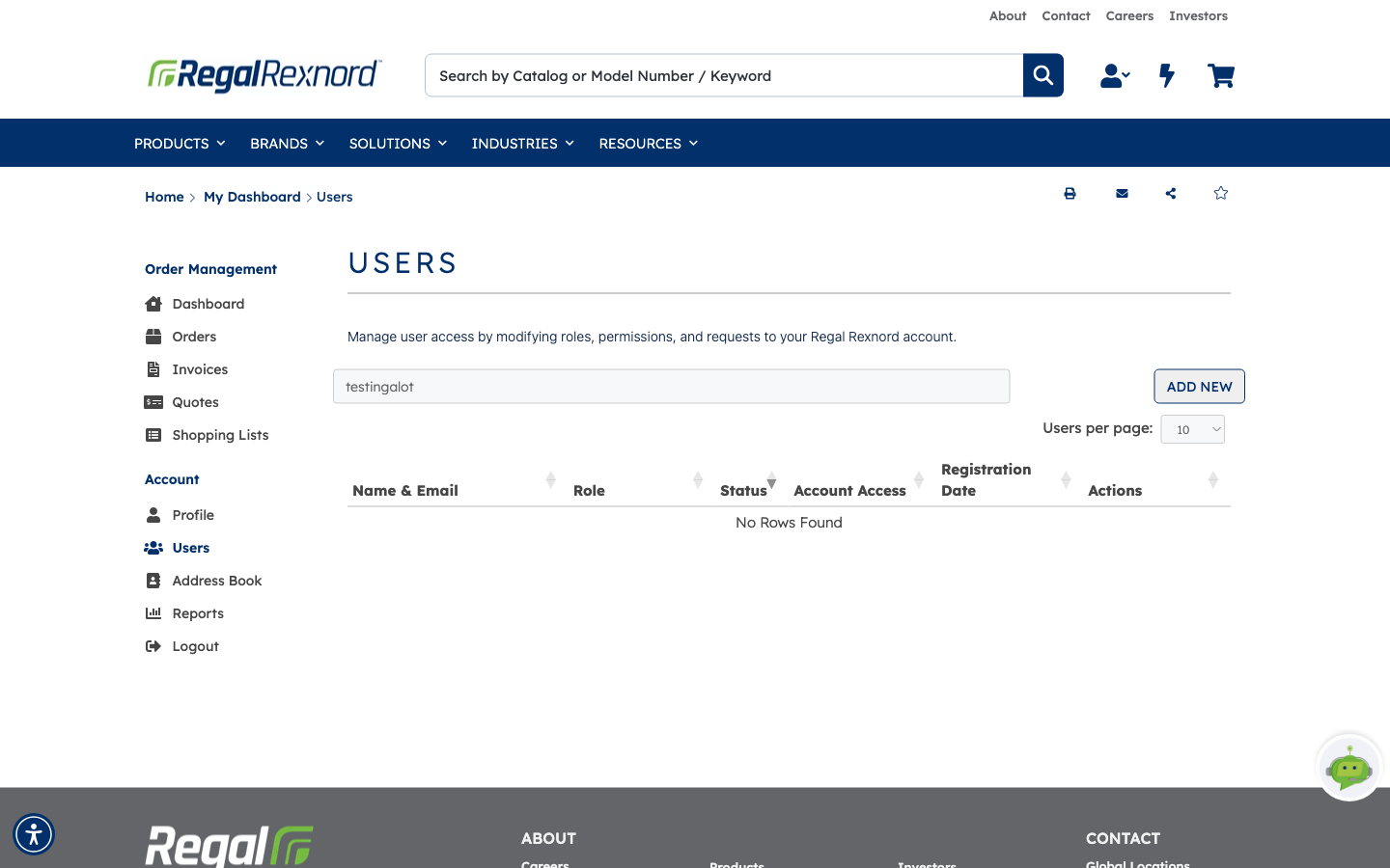 The Users list after confirming the removal, with the same filter still applied and the message No Rows Found where the user's row used to be