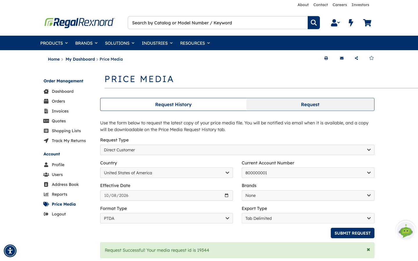 Confirmation message showing the new request id