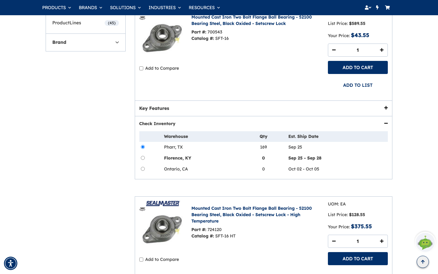 A search result with the Check Inventory panel expanded, showing three warehouses with quantity on hand and estimated ship dates