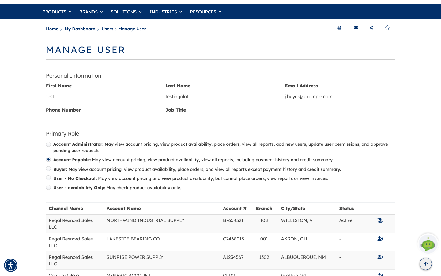The Manage User page reopened after saving, with Account Payable now the selected role