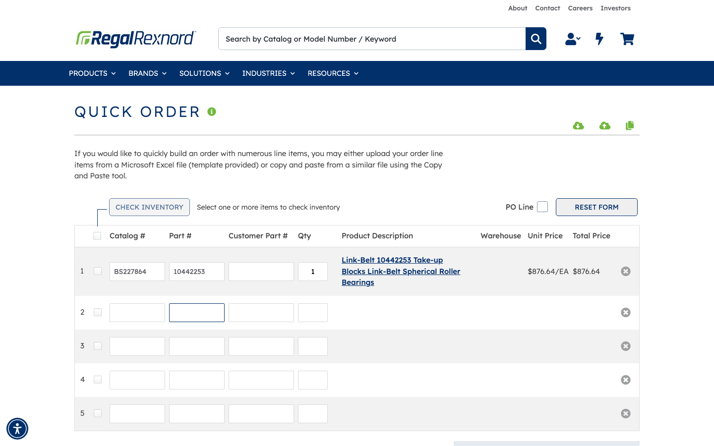 Row 1 resolved with catalog number, description, and pricing for part 10442253
