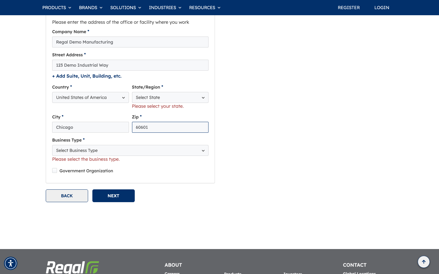 Account details step with additional company and address fields