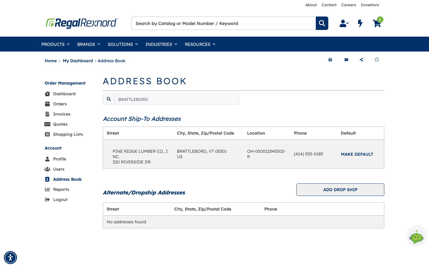 The Address Book filtered by the search term BRATTLEBORO, showing one matching ship-to address and No addresses found under Alternate/Dropship Addresses