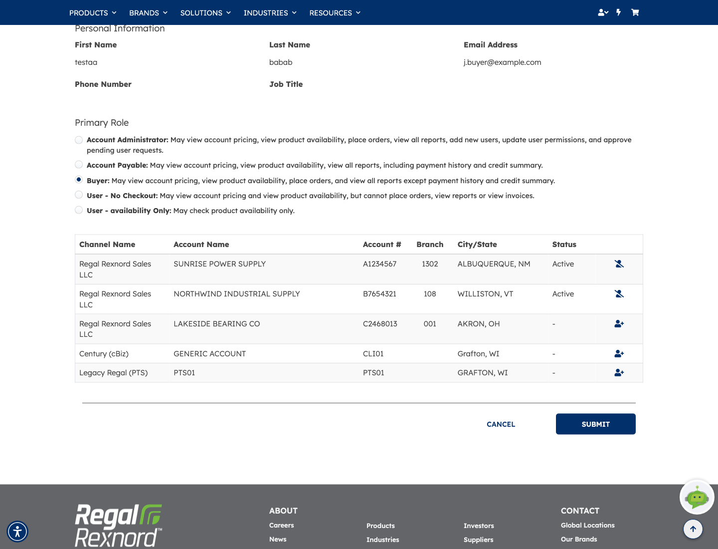 Approved account shows Active; rejected account has no access