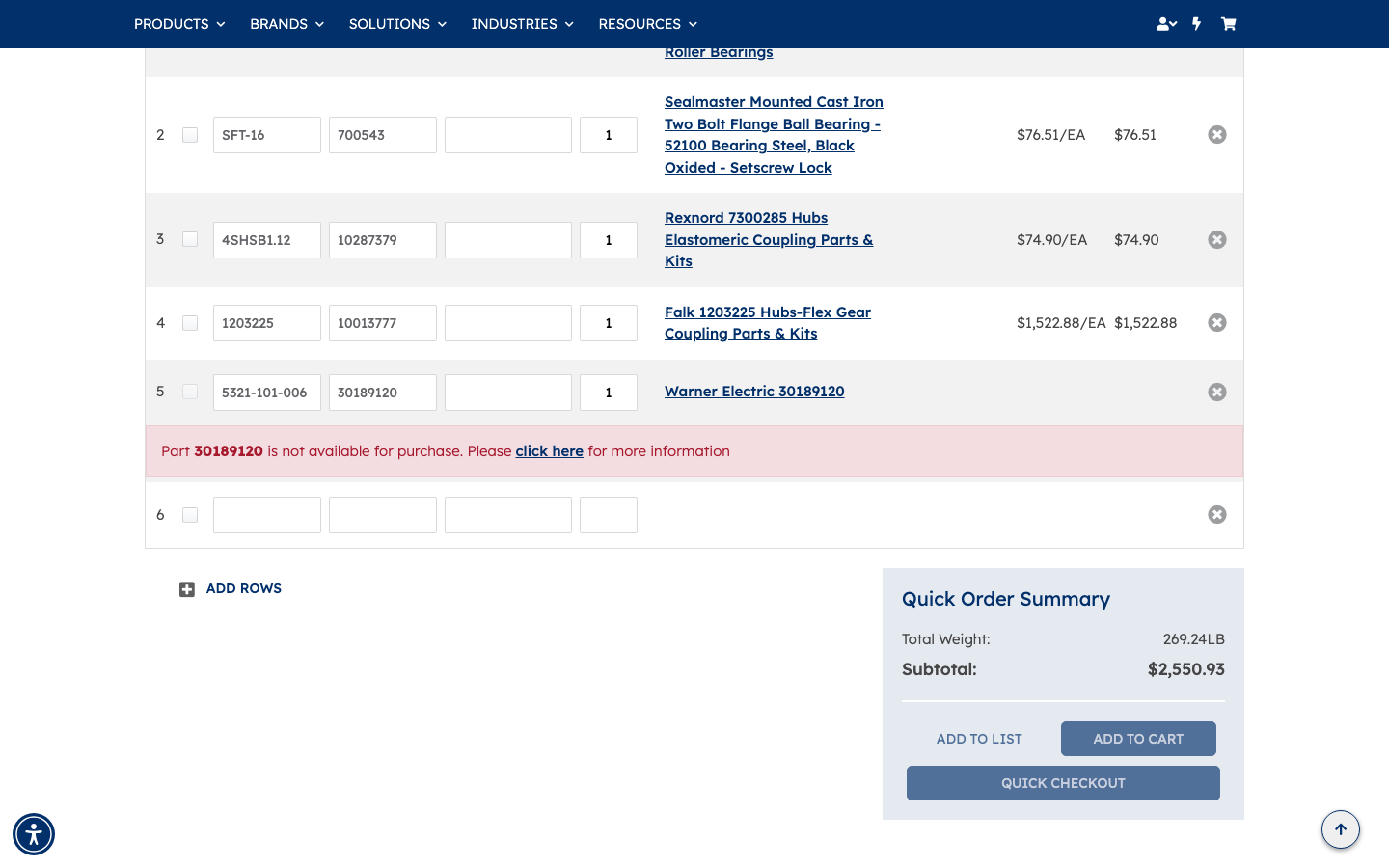 All five parts entered; the last row shows a "not available for purchase" notice