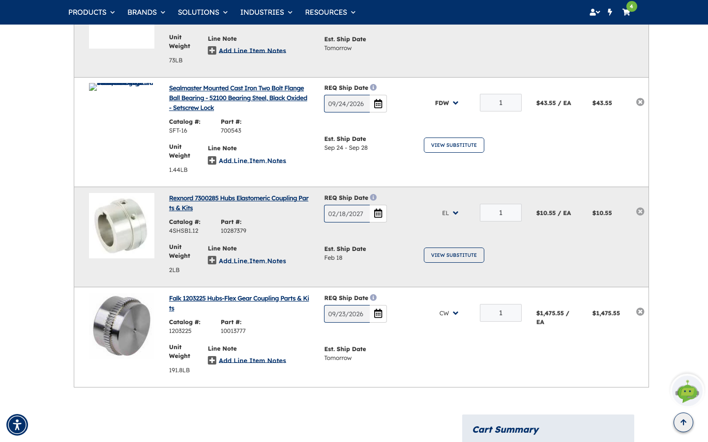 Cart line items showing product description, catalog and part numbers, unit weight, requested ship date picker, warehouse selector, quantity, unit and total price, estimated ship date and View Substitute links