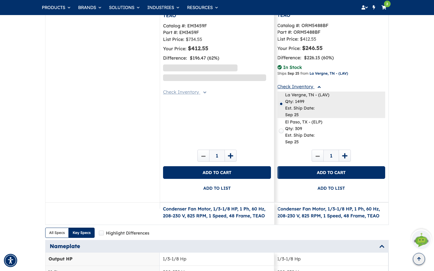 The expanded Check Inventory panel listing two warehouses with quantity on hand and estimated ship date, the first selected