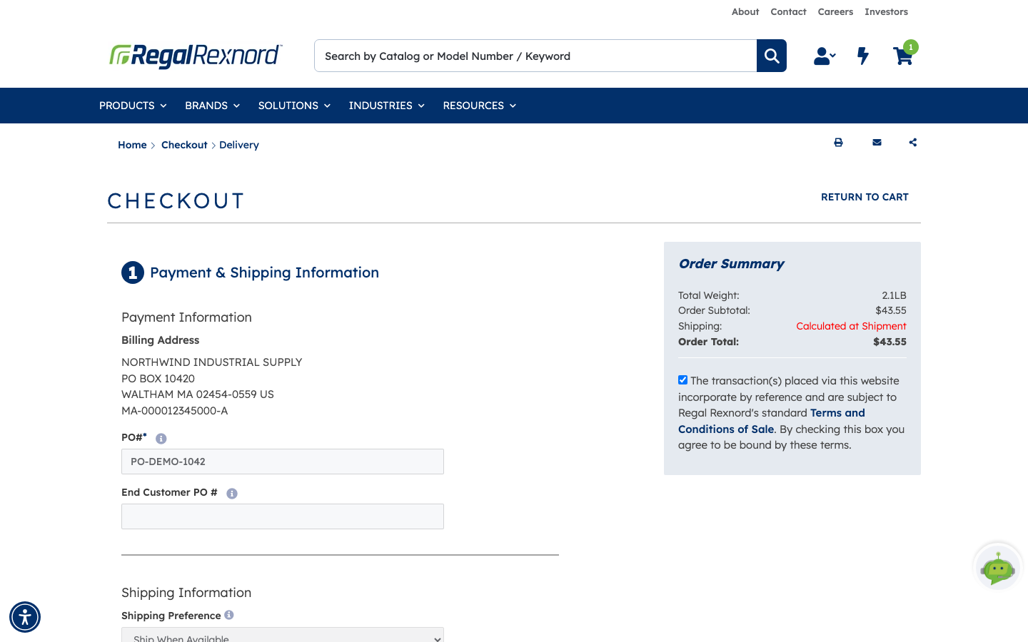 The first checkout step showing the billing address, a completed PO number field and the End Customer PO field, with the Order Summary panel and terms and conditions checkbox on the right