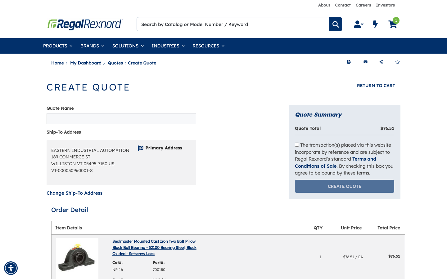 Create Quote form showing the Quote Name field, Terms and Conditions checkbox, Quote Summary, and order line items